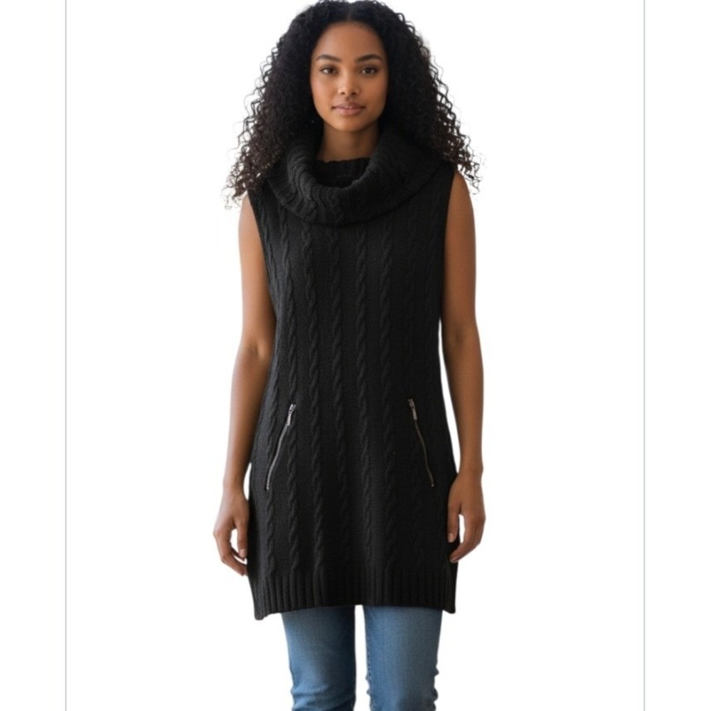 Mine‎ Womens Black Cable Knit Cowl Neck Sleeveless Tunic Sweater Top Dress Large